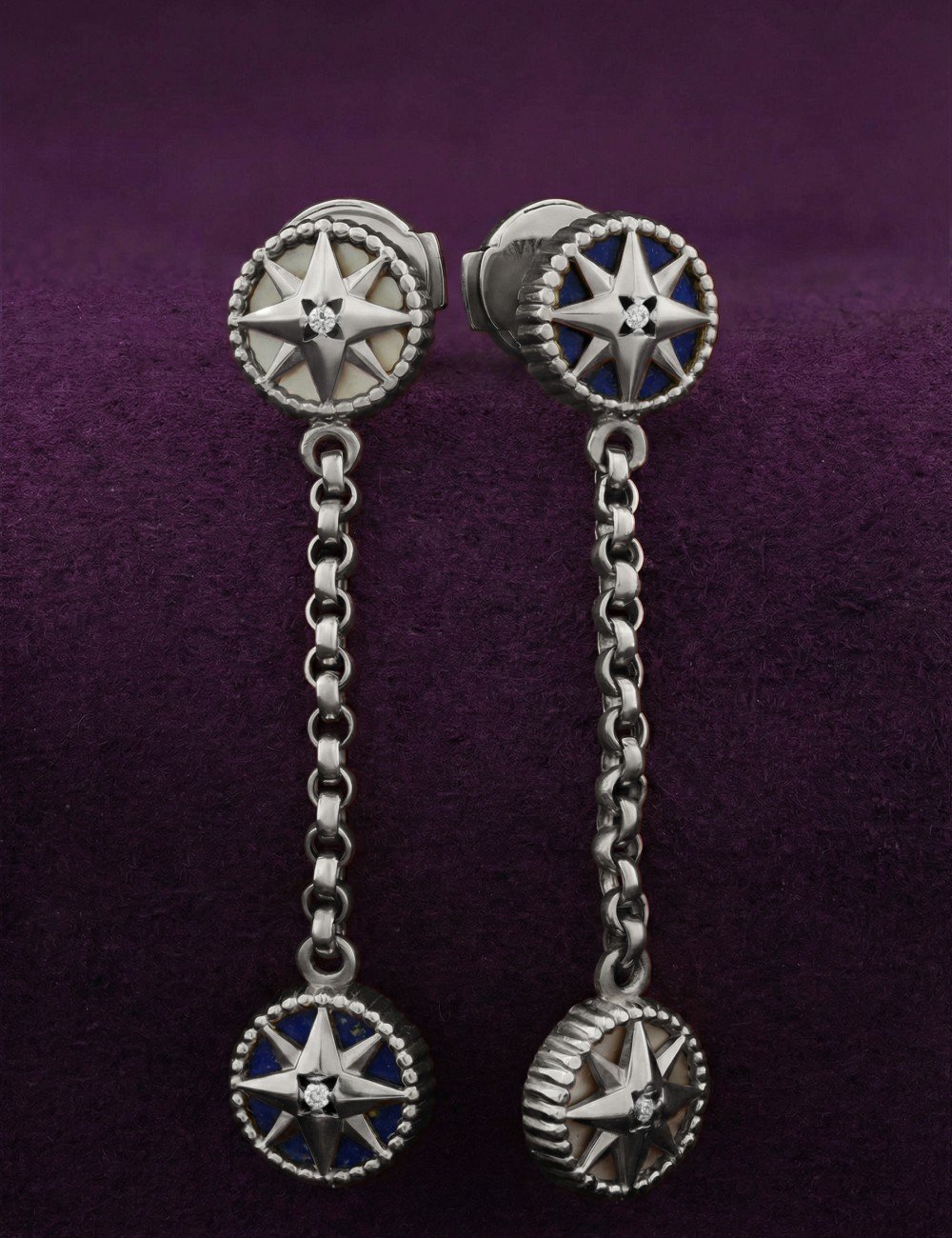 Серьги из белого золота c бриллиантами, лазуритом и перламутром