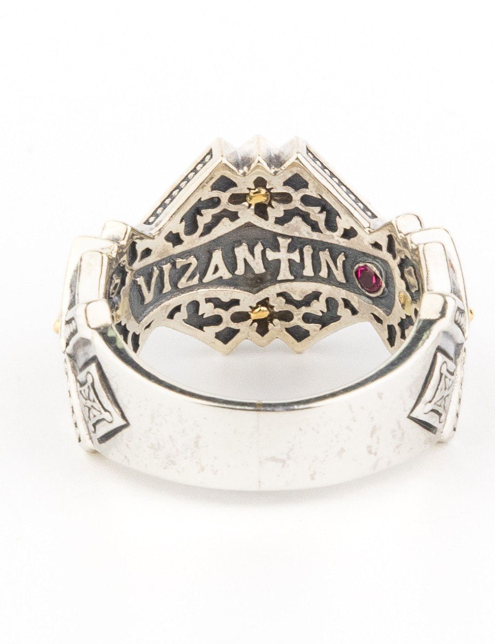 Кольцо из серебра и золота c ониксом и рубином