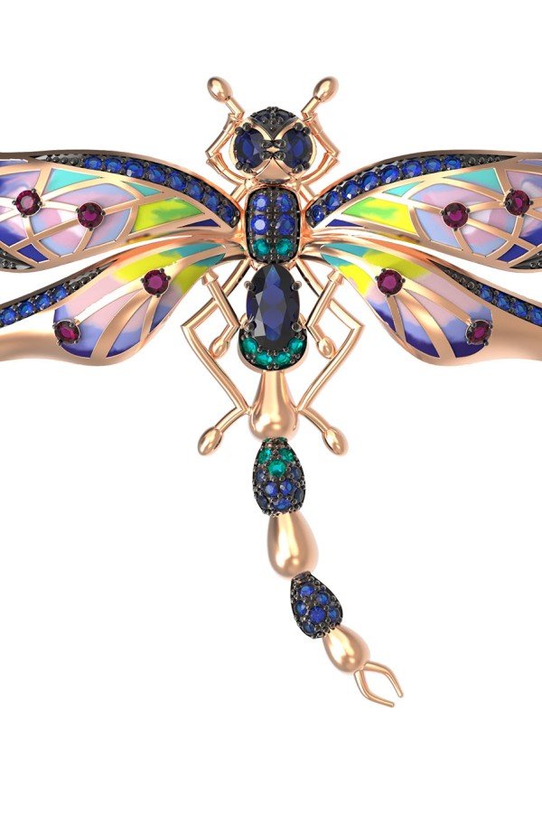 Брошь из золота c фианитом, рубином, сапфиром и эмалью