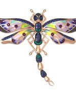 Брошь из золота c фианитом, рубином, сапфиром и эмалью