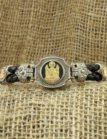 Браслет из серебра и золота c кожаным шнурком и ониксом