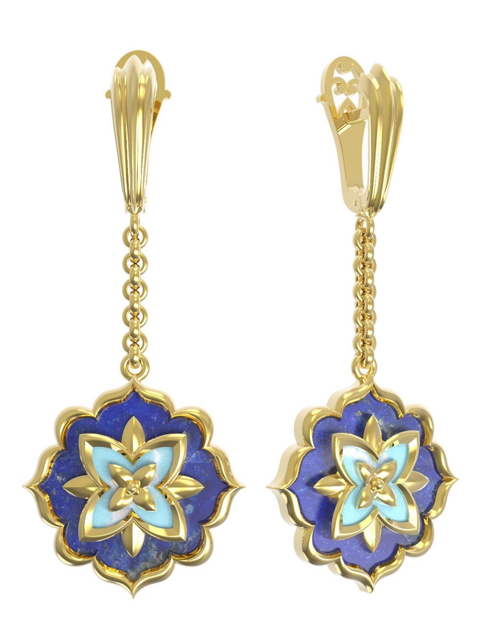 Серьги из лимонного золота c бирюзой и лазуритом