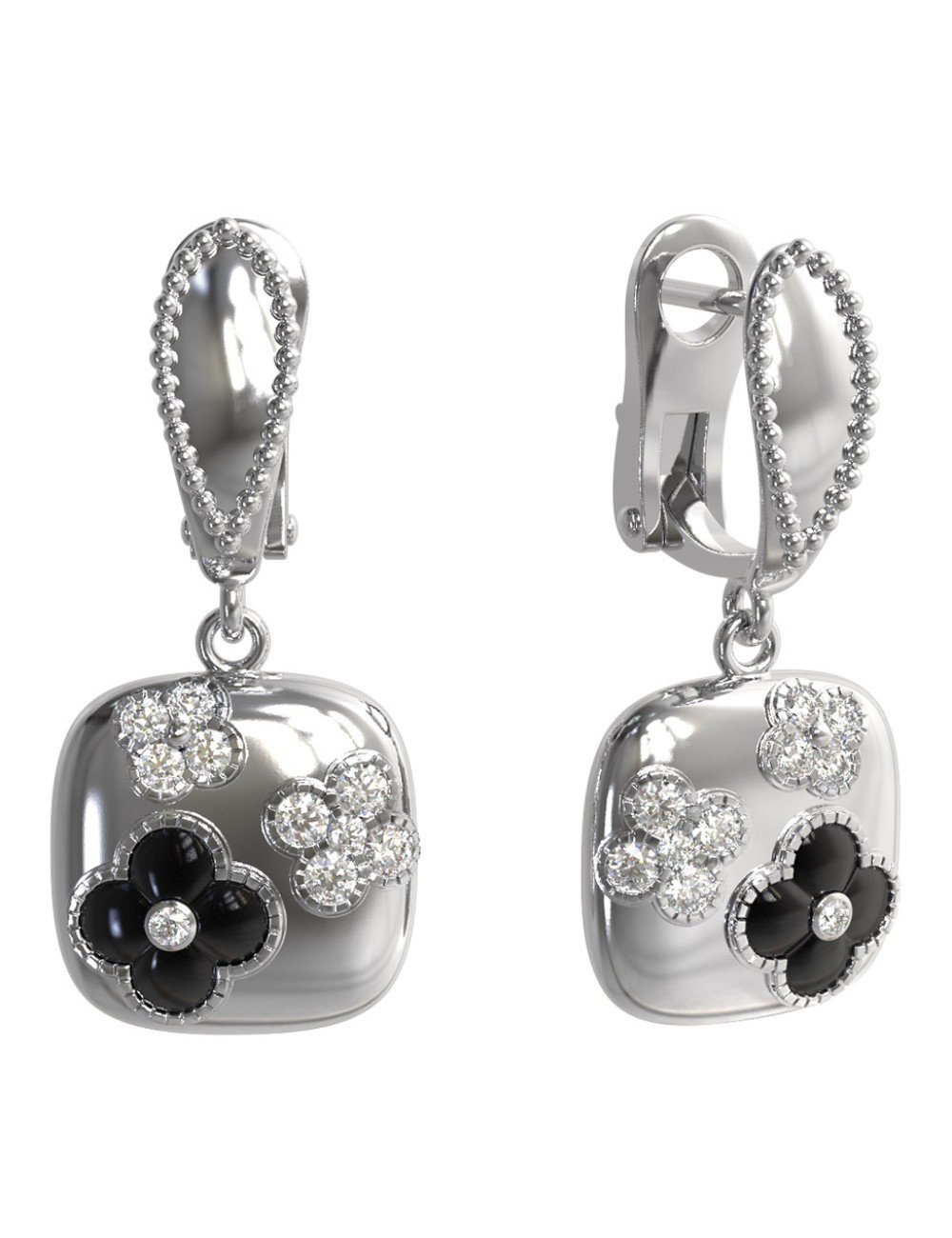 Серьги из белого золота c бриллиантами и ониксом