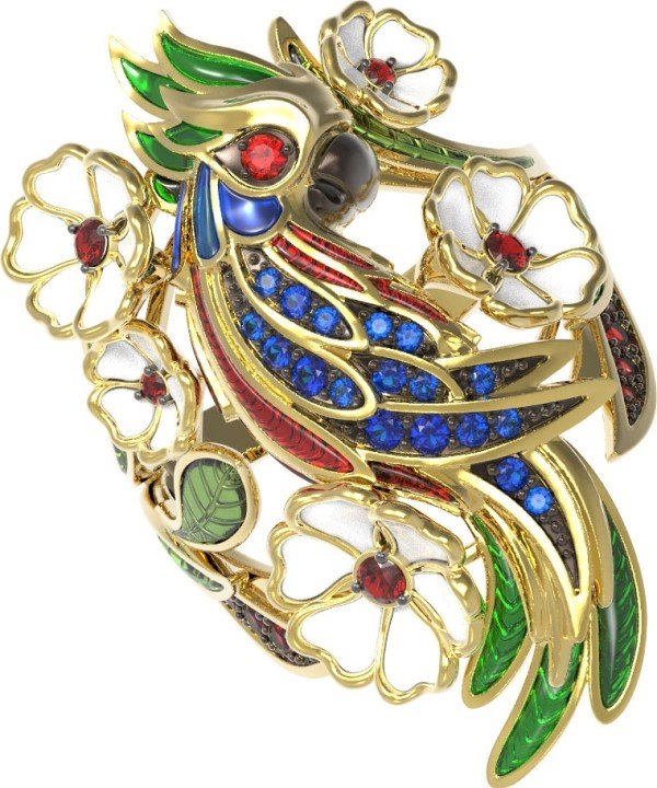 Кольцо из лимонного золота c эмалью, гранатом, рубином и сапфиром