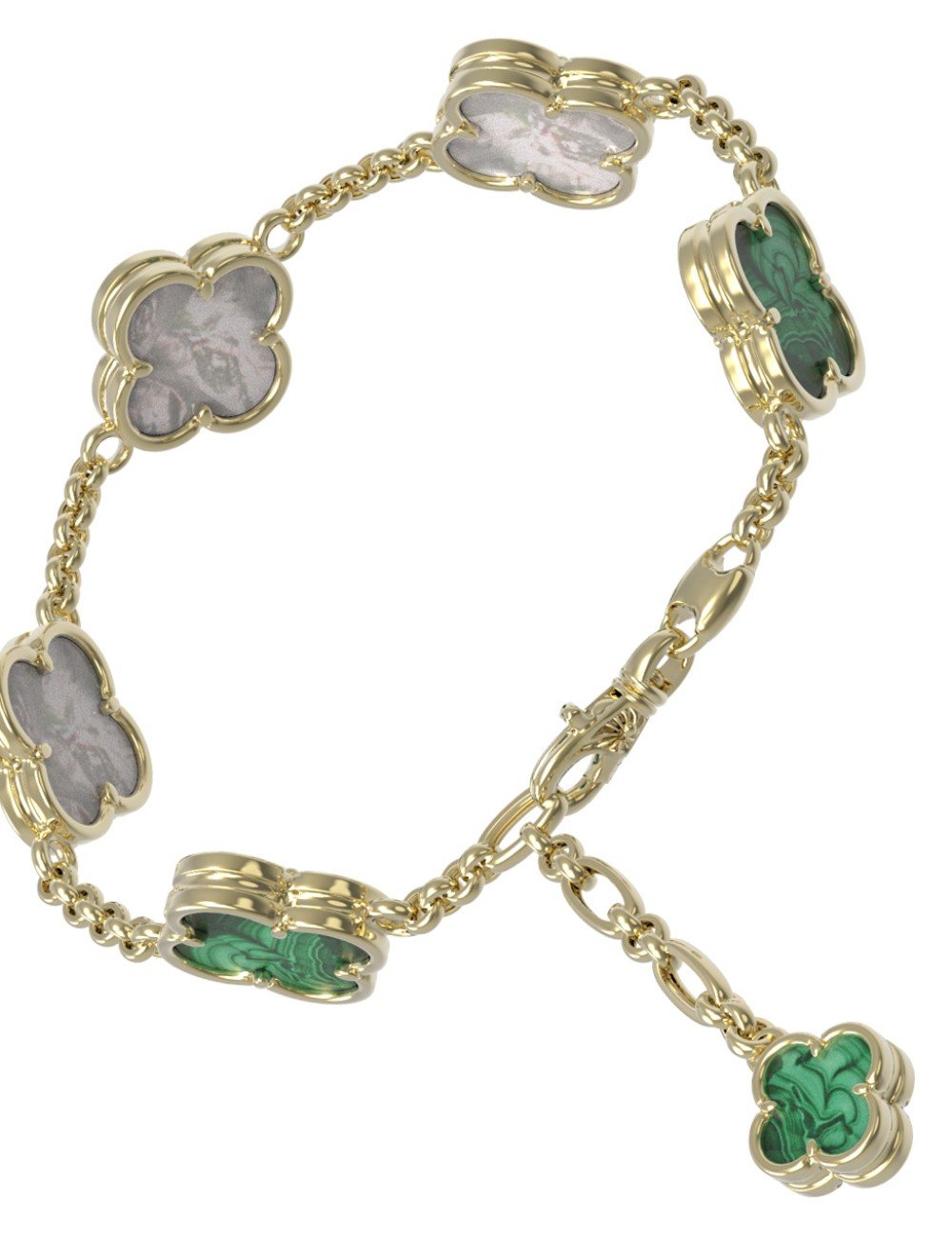Браслет из лимонного золота c малахитом и перламутром