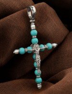 Крест из белого золота c жемчугом и бирюзой