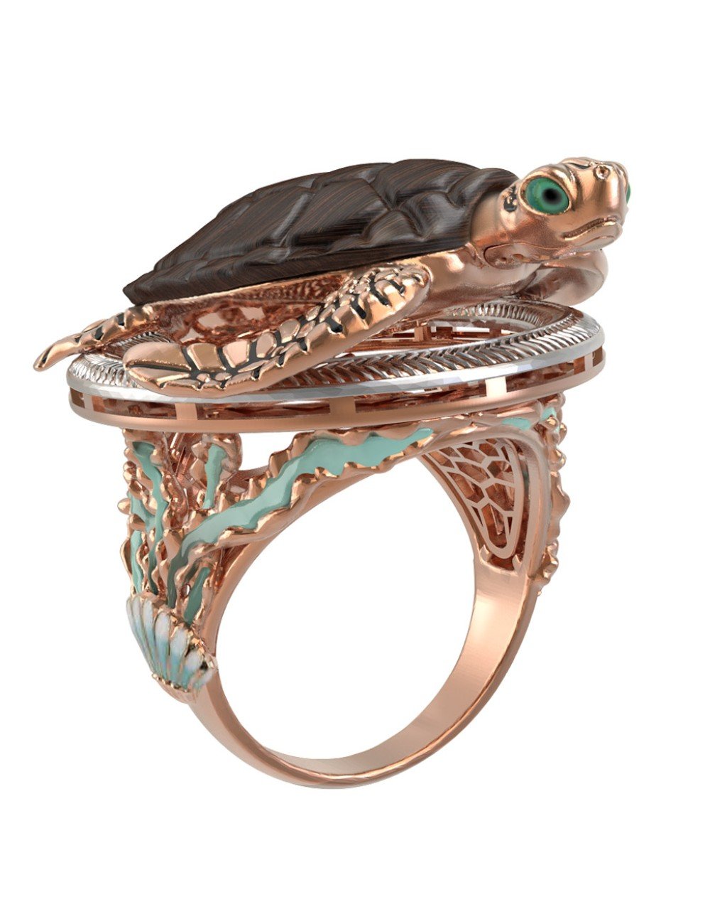 Кольцо из золота c эмалью и железным деревом