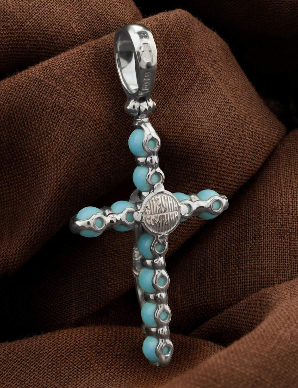 Крест из белого золота c бирюзой