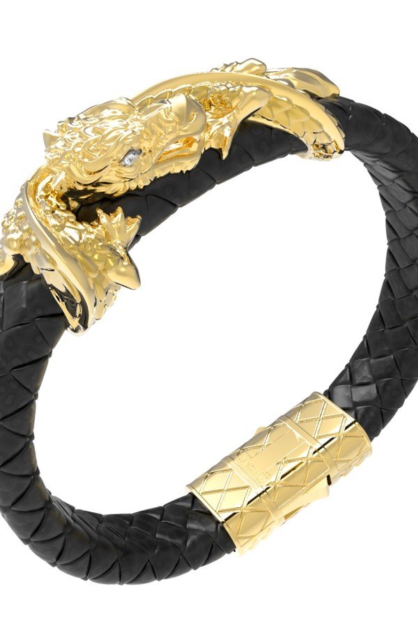 Браслет из лимонного золота c бриллиантами и кожаным шнурком