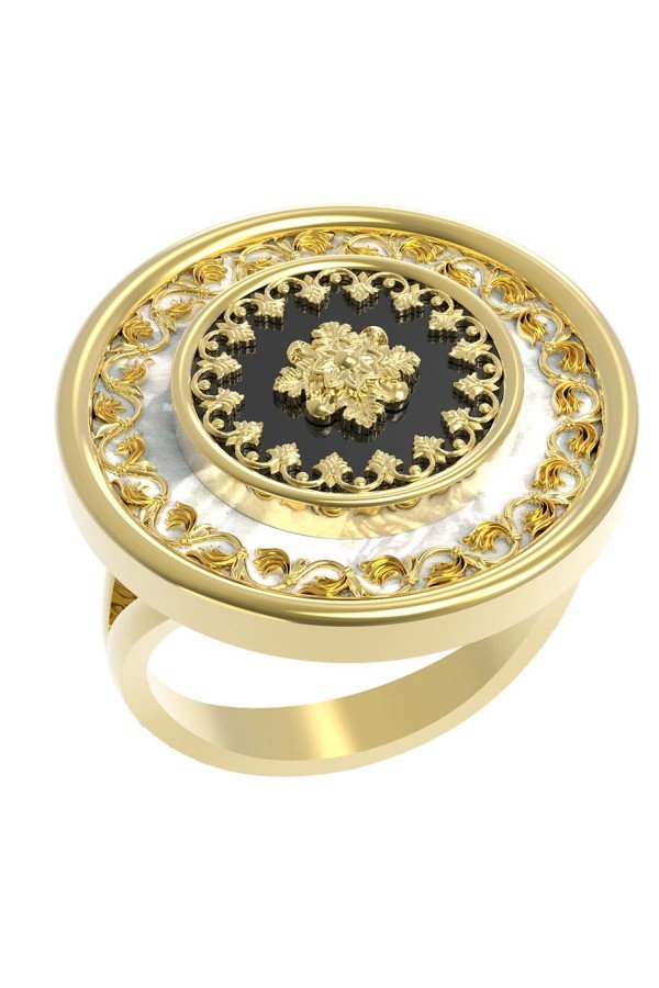 Кольцо из лимонного золота c ониксом и перламутром