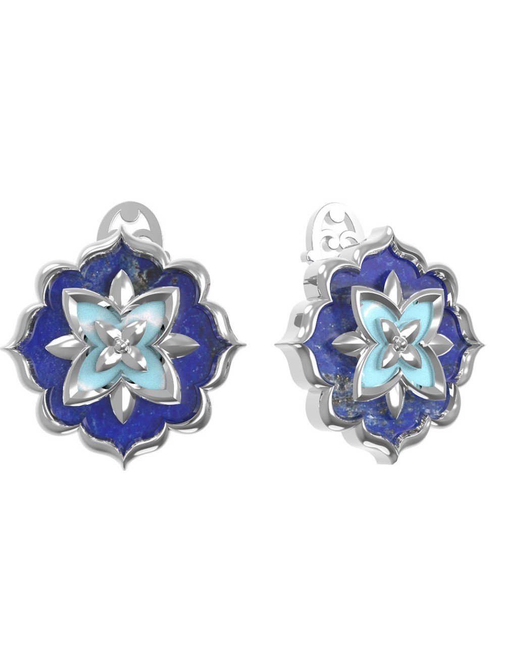 Серьги из белого золота c бирюзой и лазуритом