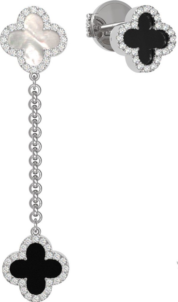 Серьги из белого золота c бриллиантами, ониксом и перламутром