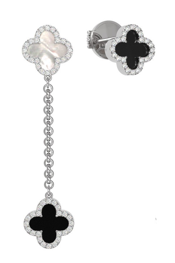 Серьги из белого золота c бриллиантами, ониксом и перламутром