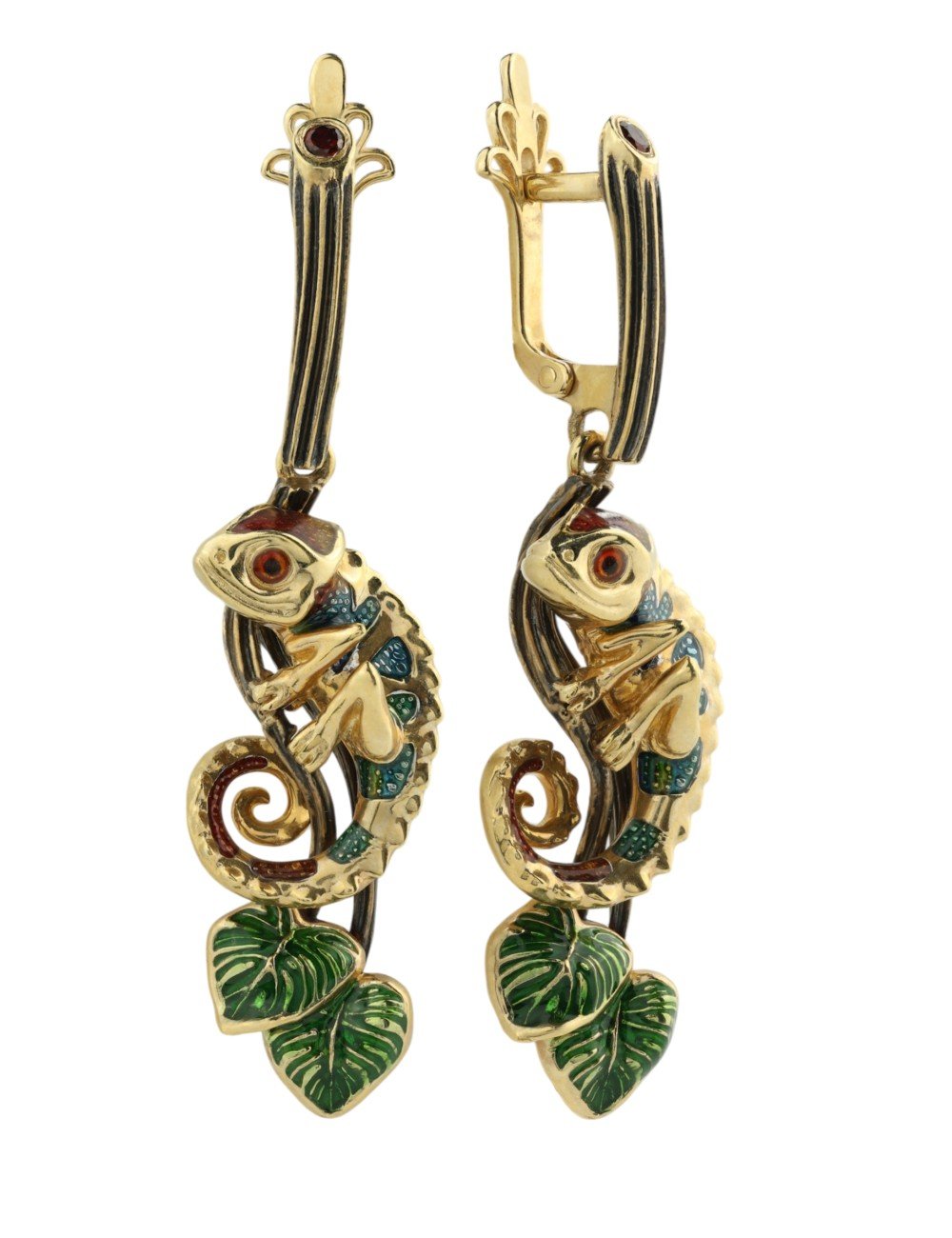 Серьги из лимонного золота c эмалью и гранатом