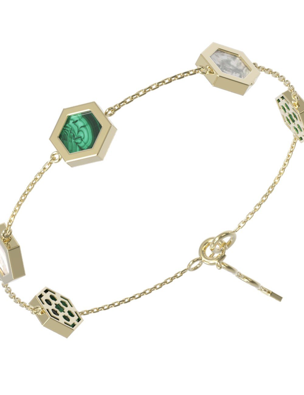 Браслет из лимонного золота c малахитом и перламутром