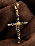 Крест из лимонного золота c жемчугом и лазуритом