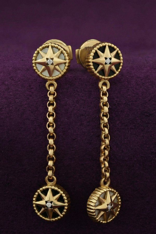 Серьги из лимонного золота c бриллиантами, ониксом и перламутром