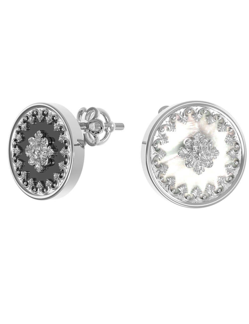 Серьги из белого золота c ониксом и перламутром