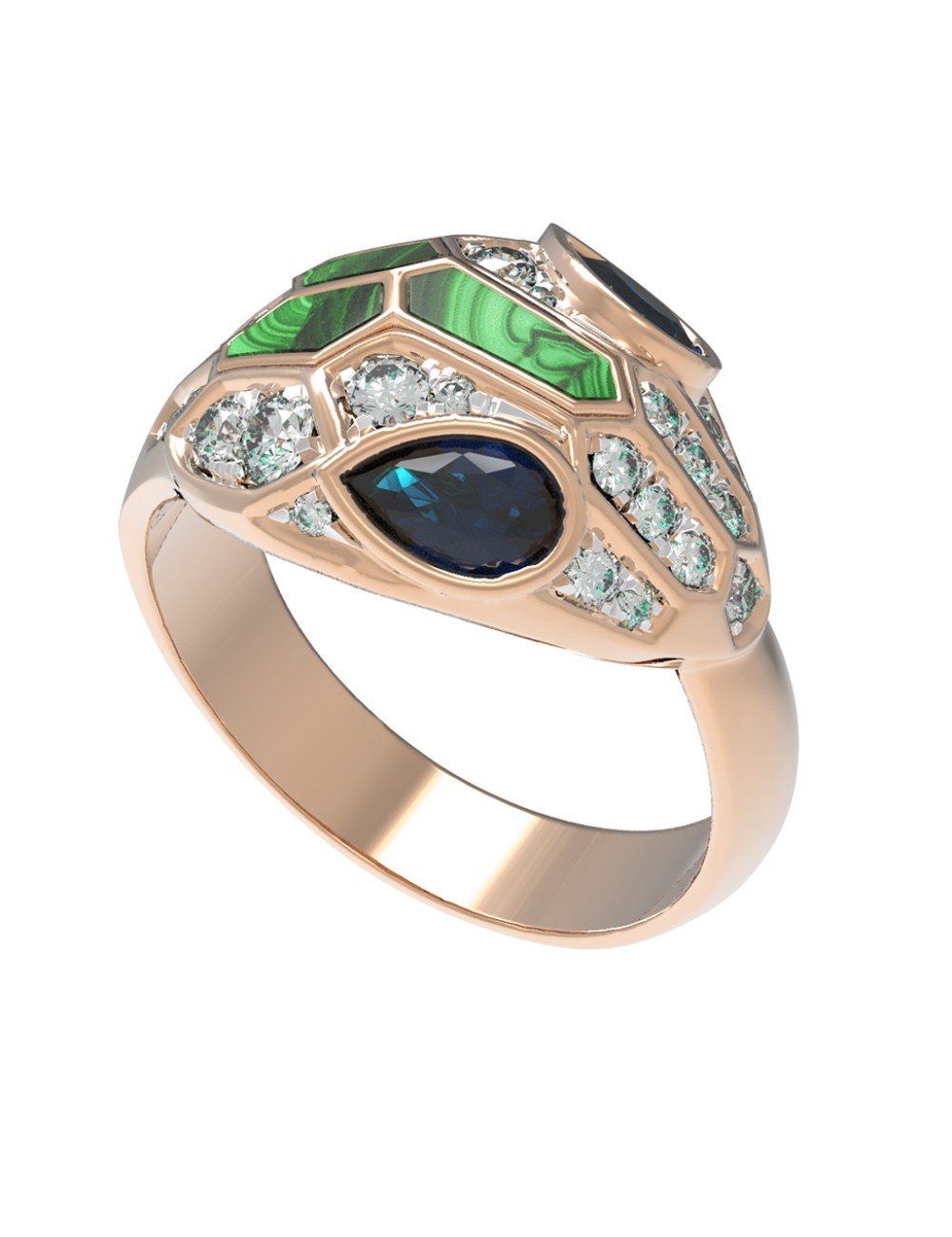 Кольцо из золота c бриллиантами, сапфиром и малахитом