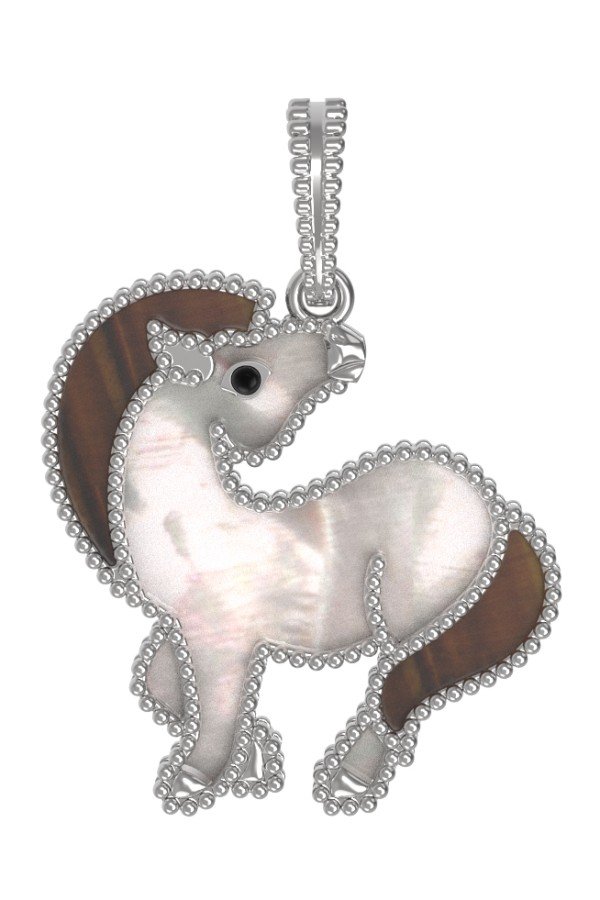 Подвеска из белого золота c эмалью, тигровым глазом и перламутром