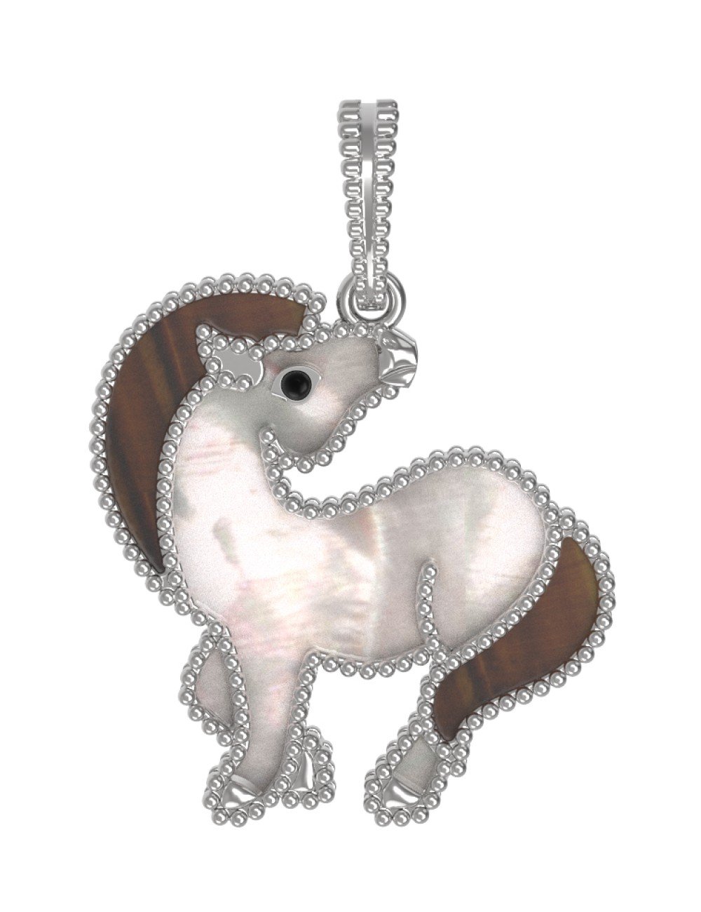 Подвеска из белого золота c эмалью, тигровым глазом и перламутром