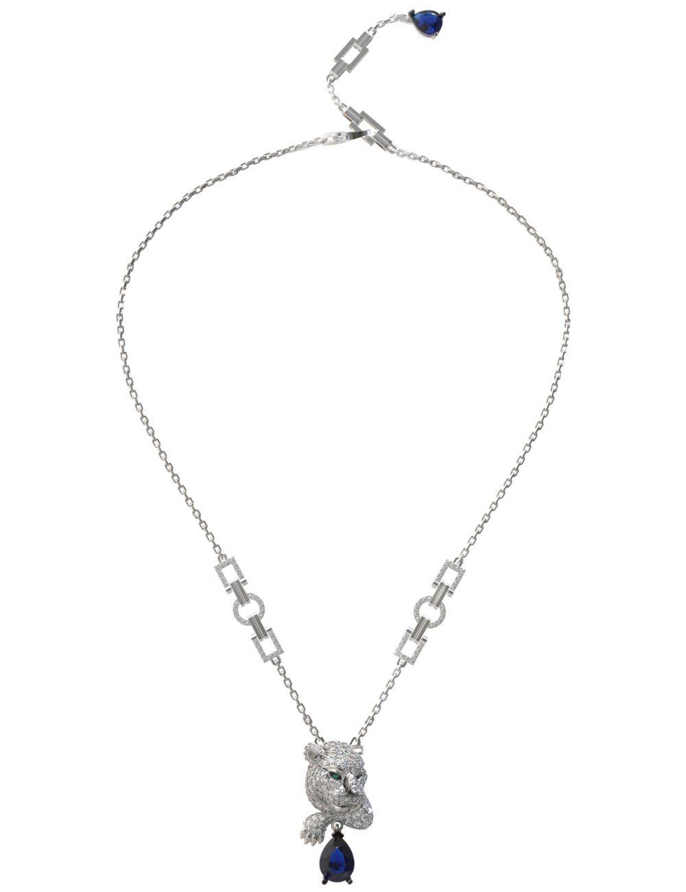 Колье из белого золота c бриллиантами, сапфиром и изумрудом