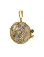 Подвеска из лимонного золота c сапфиром, изумрудом, эмалью и перламутром