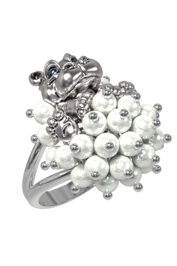 Кольцо из белого золота c эмалью и жемчугом