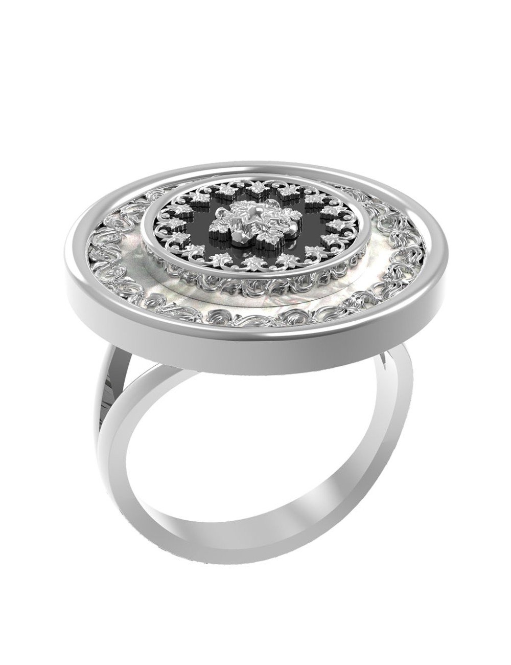 Кольцо из белого золота c ониксом и перламутром