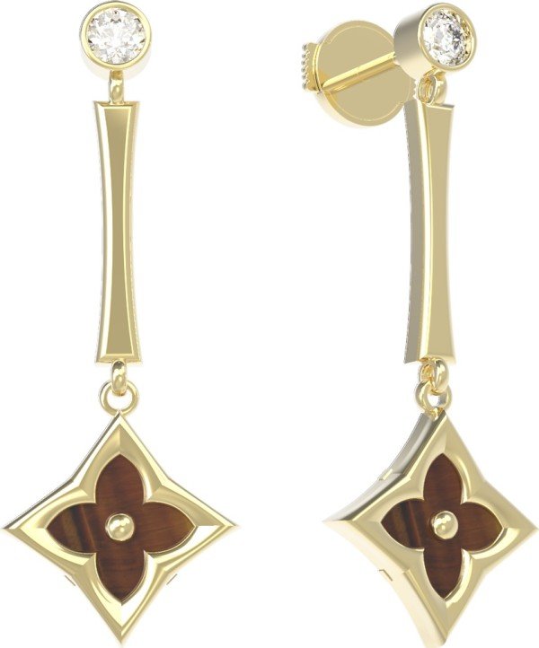 Серьги из лимонного золота c фианитом и тигровым глазом