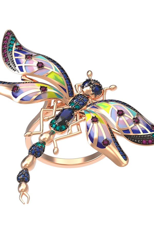 Кольцо из золота c фианитом, рубином, сапфиром и эмалью