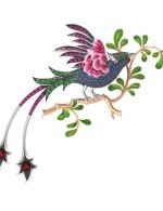 Брошь из белого золота c эмалью, фианитом и гранатом