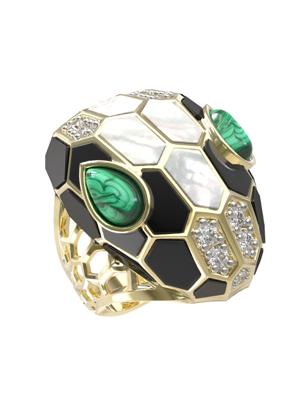 Кольцо из лимонного золота c бриллиантами, рубином, ониксом, малахитом и перламутром