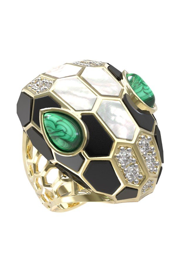 Кольцо из лимонного золота c бриллиантами, рубином, ониксом, малахитом и перламутром