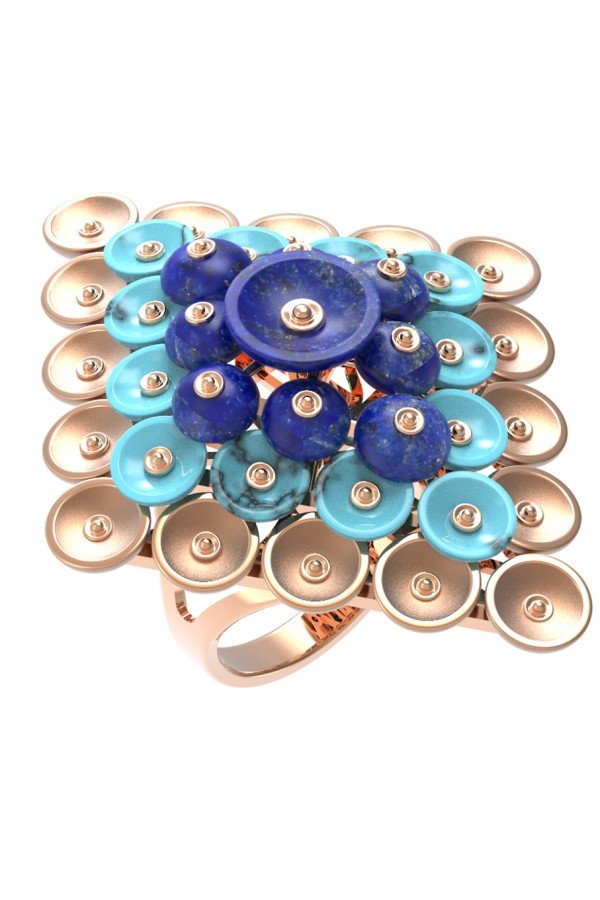 Кольцо из золота c бирюзой и лазуритом