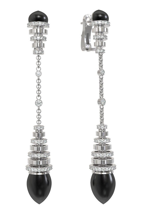 Серьги из белого золота c бриллиантами и ониксом