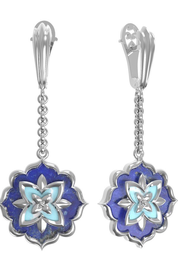 Серьги из белого золота c бирюзой и лазуритом