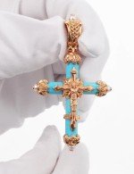 Крест из золота c жемчугом и бирюзой