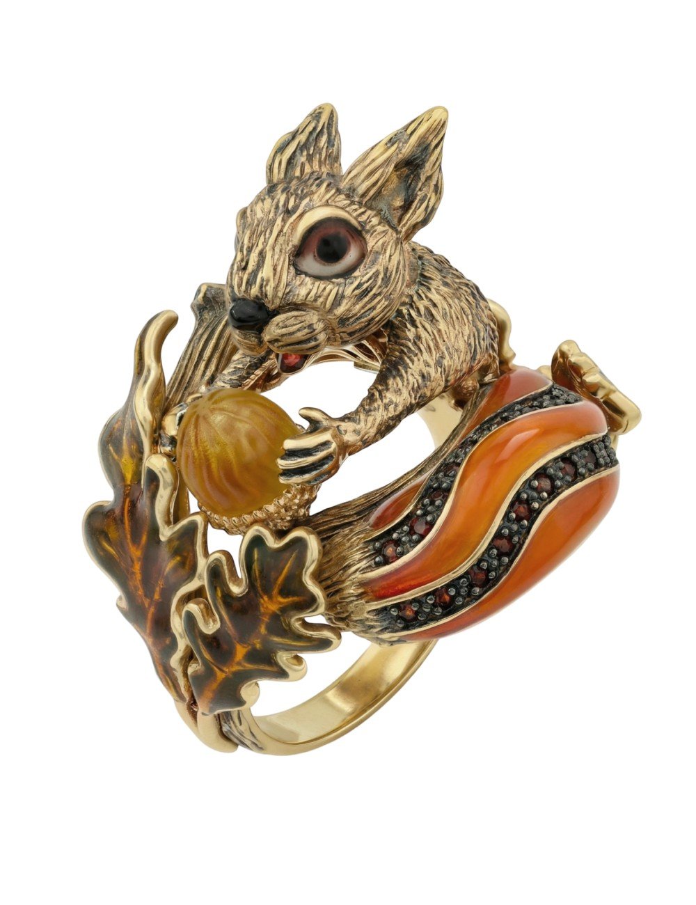 Кольцо из лимонного золота c эмалью, гранатом и янтарём