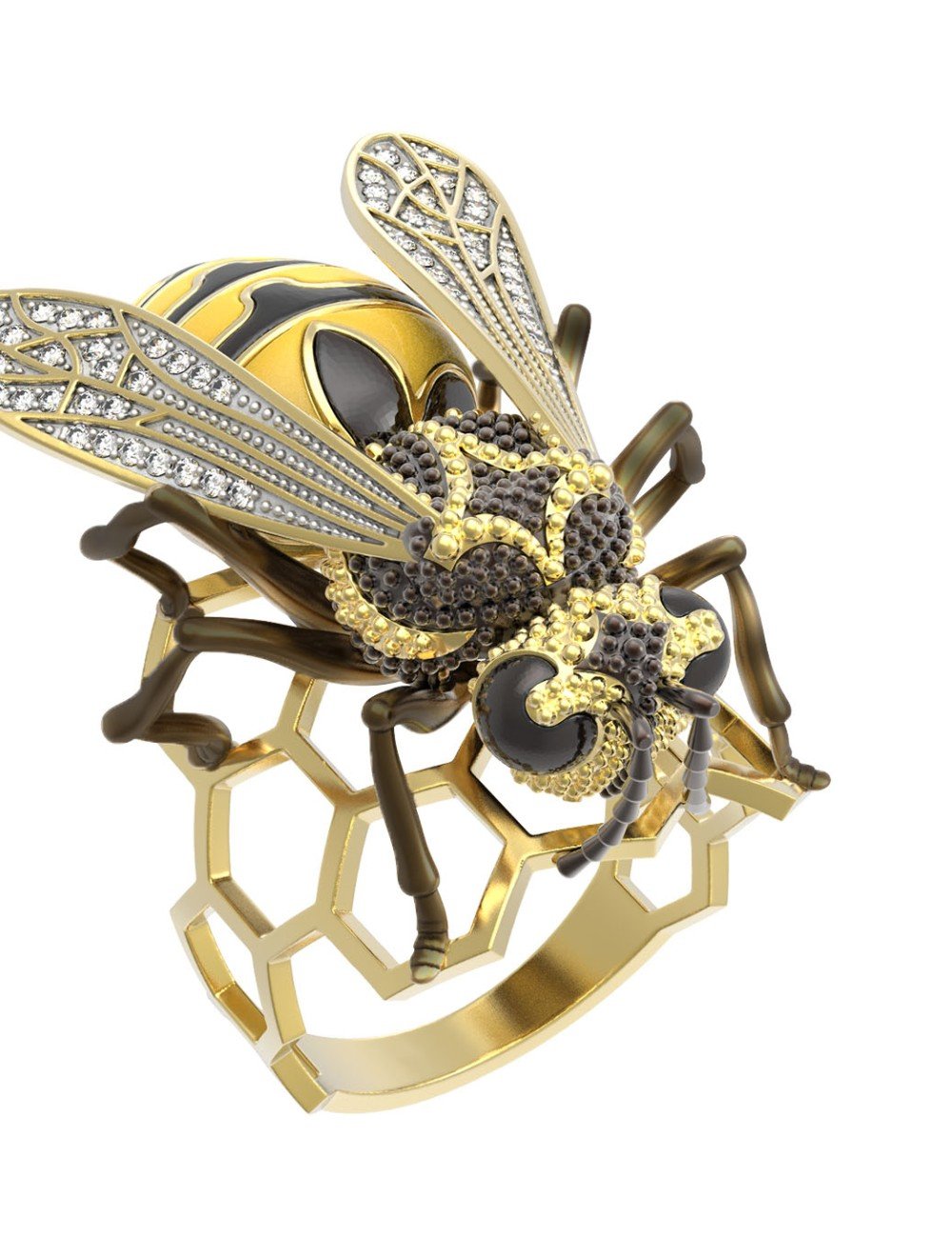 Кольцо из лимонного золота c эмалью и фианитом