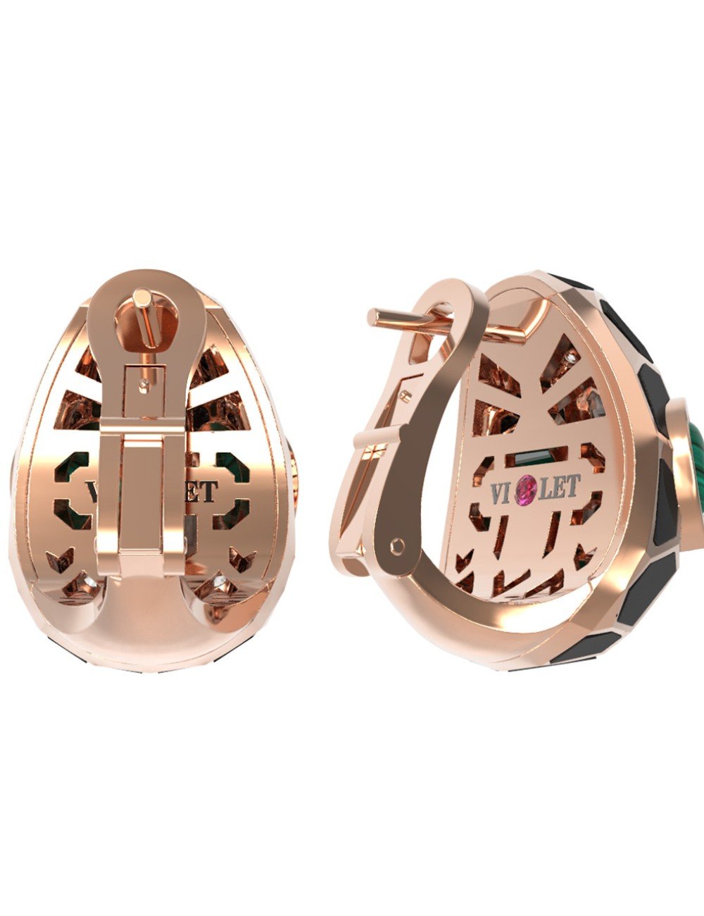 Серьги из золота c бриллиантами, рубином, ониксом, малахитом и перламутром