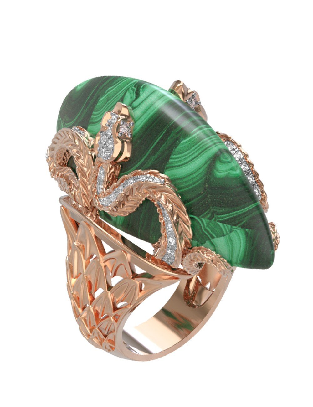 Кольцо из золота c бриллиантами и малахитом