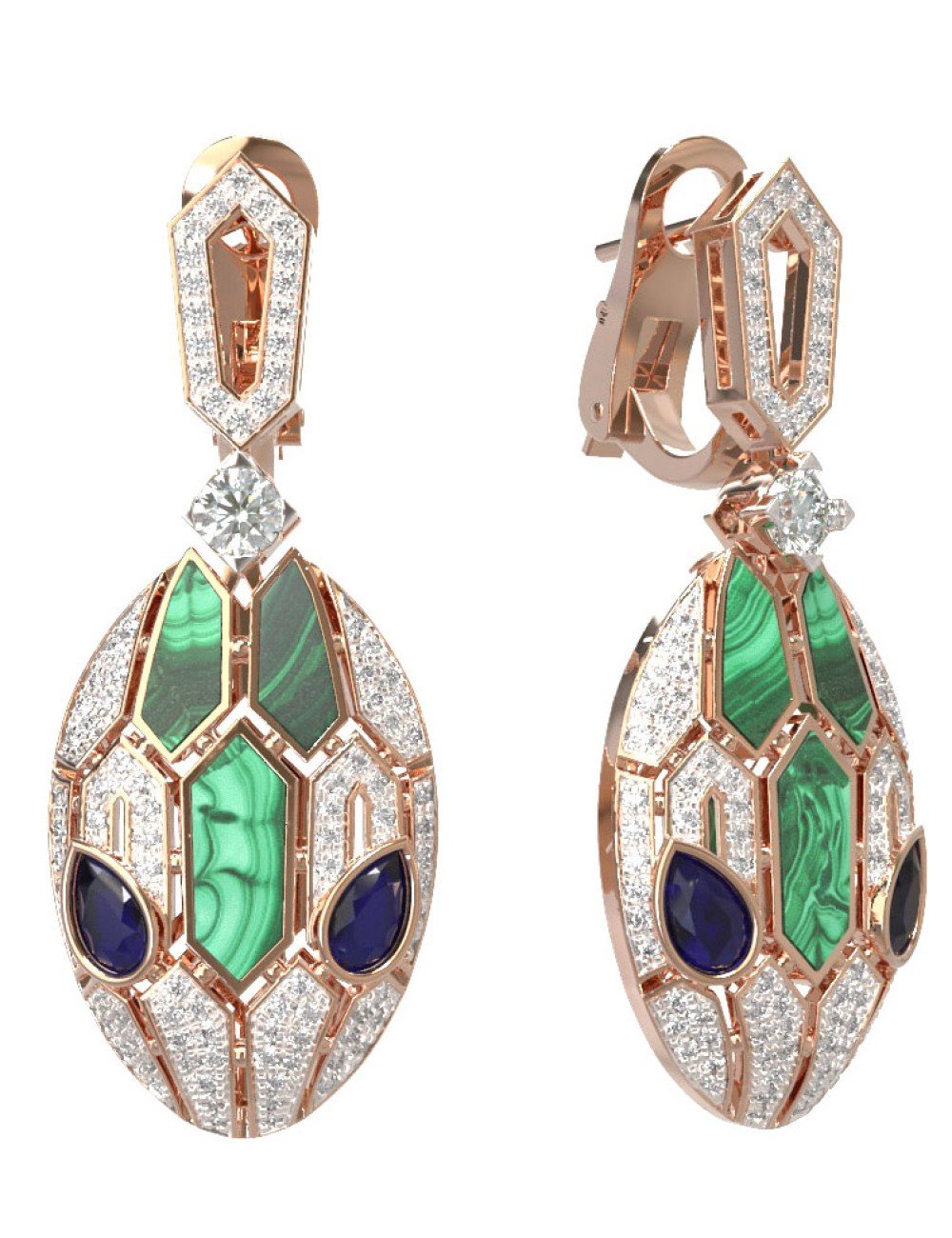 Серьги из золота c бриллиантами, сапфиром и малахитом