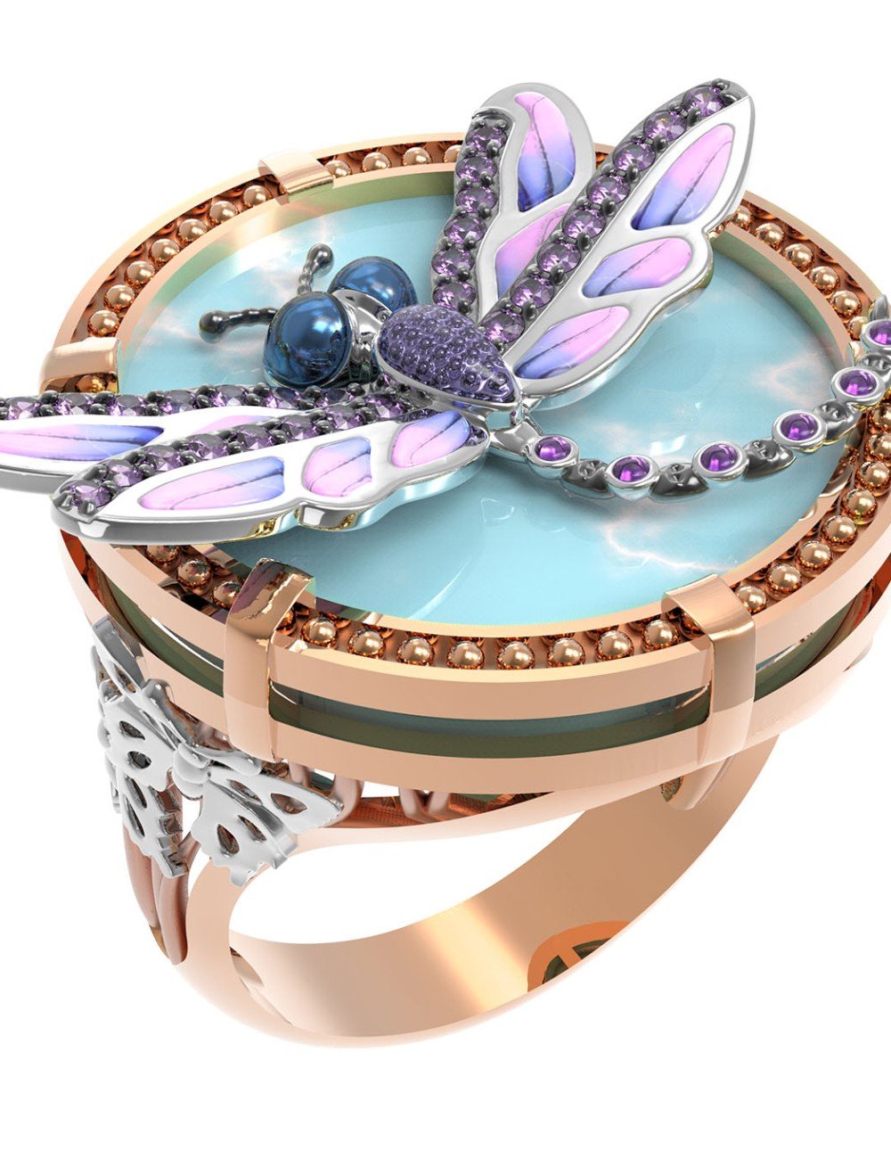 Кольцо из золота c бирюзой, аметистом и эмалью