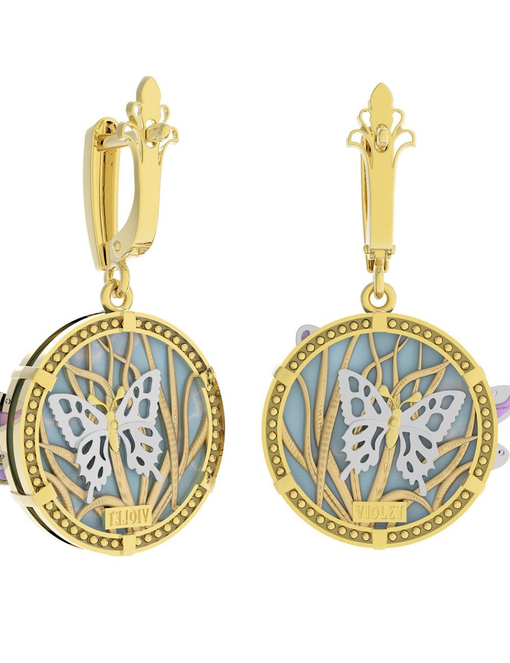 Серьги из лимонного золота c бирюзой, аметистом и эмалью