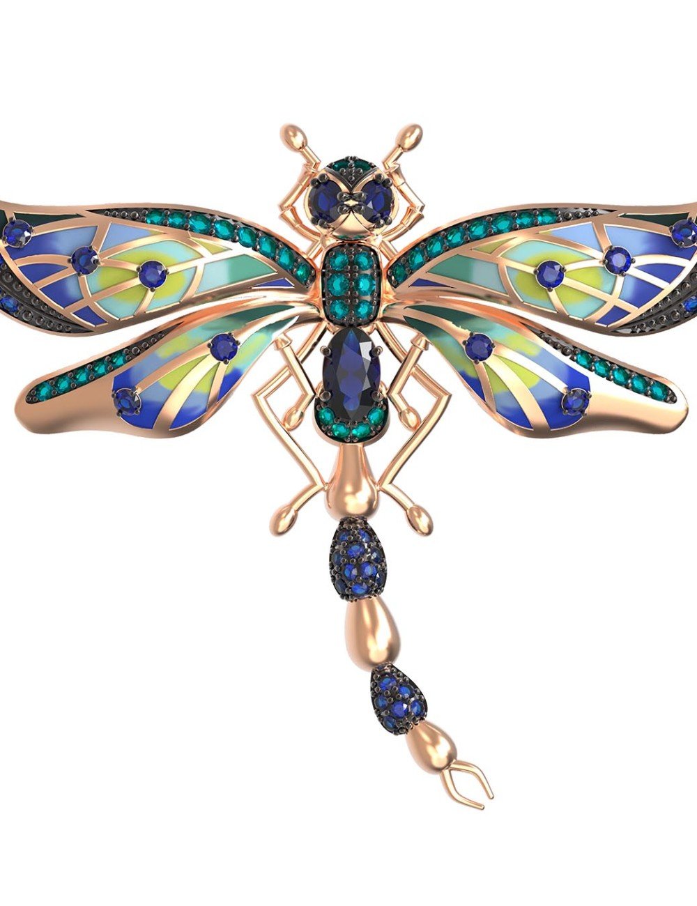 Брошь из золота c фианитом, сапфиром и эмалью