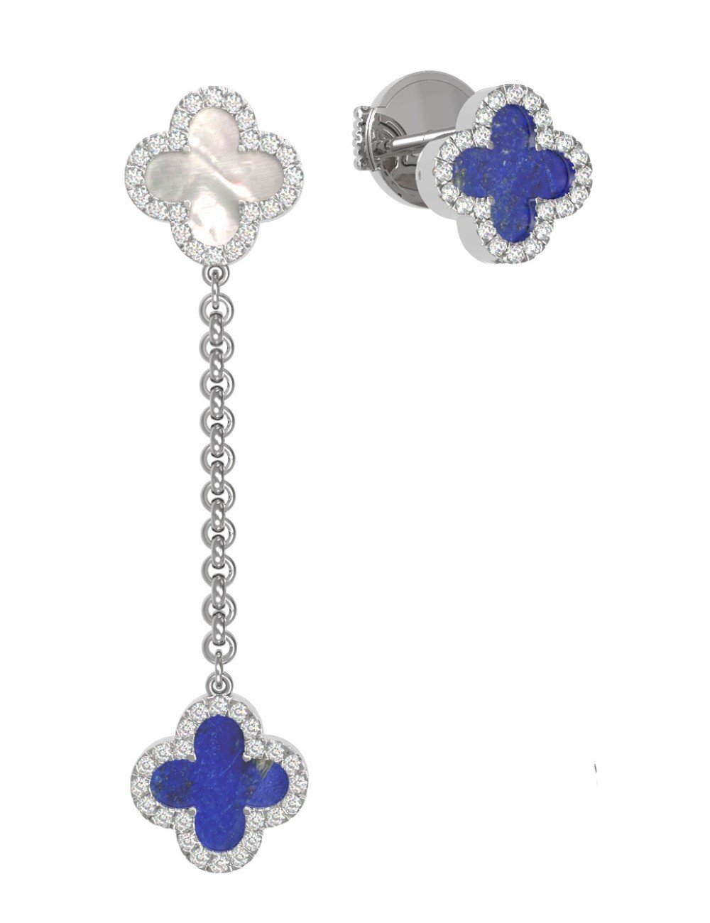 Серьги из белого золота c бриллиантами, лазуритом и перламутром