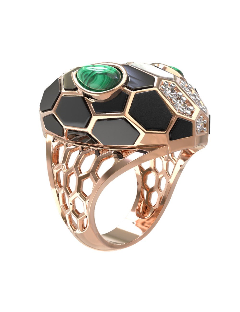 Кольцо из золота c бриллиантами, рубином, ониксом, малахитом и перламутром