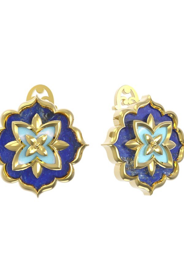 Серьги из лимонного золота c бирюзой и лазуритом