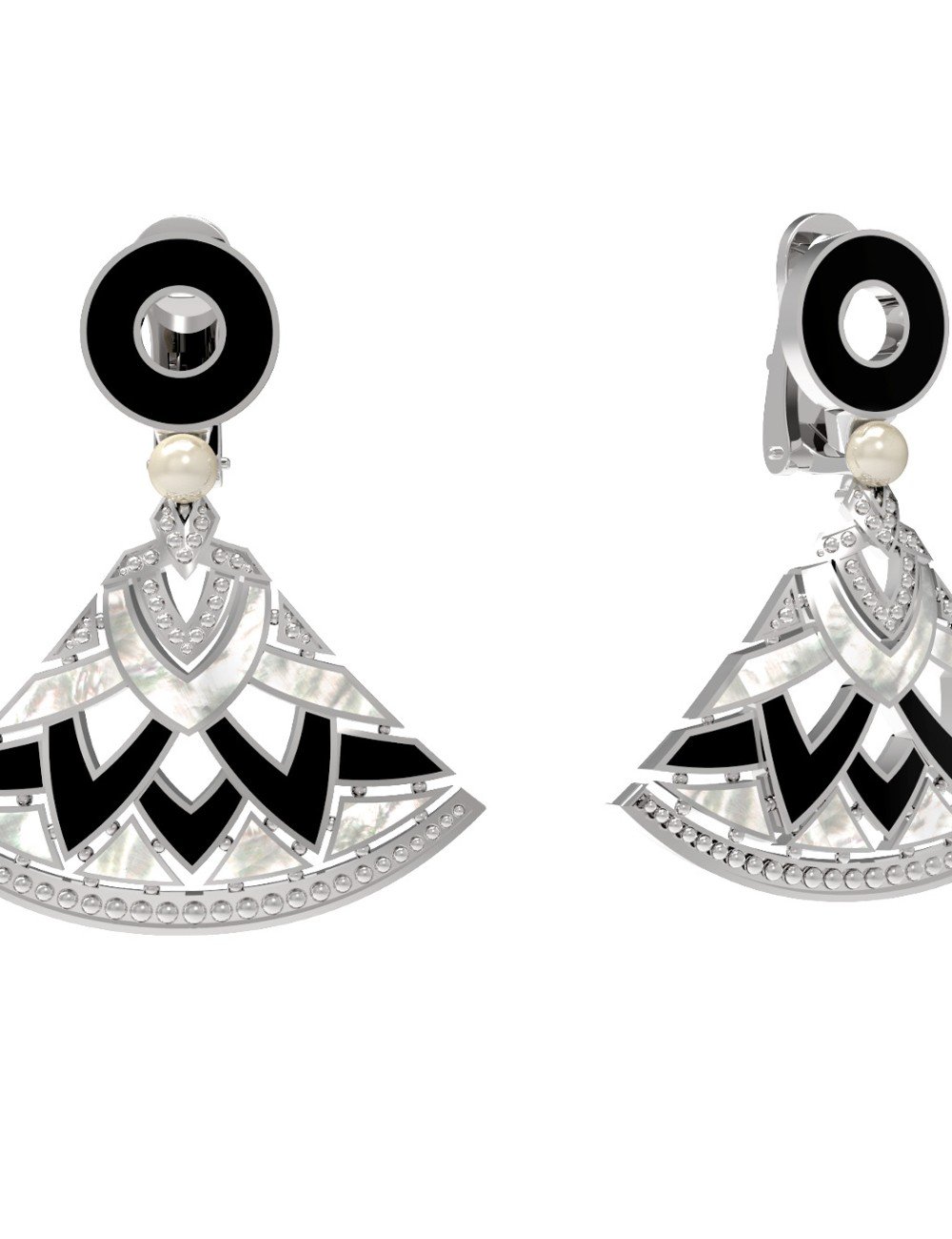 Серьги из белого золота c жемчугом, ониксом и перламутром